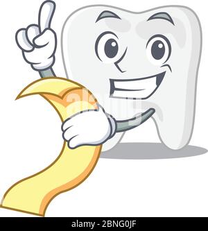 Tooth mascot character style with a menu on his hand Stock Vector