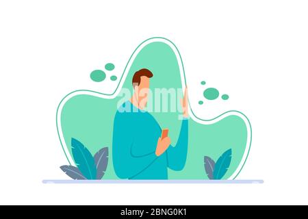 Flat illustration of a boy sitting sitting reading the latest news using a smart phone. Flat style cartoon character with the concept of people read Stock Vector
