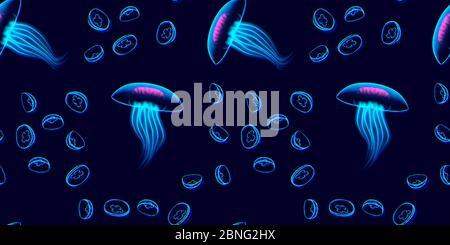 Jellyfish seamless pattern with neon glowing vibrant glitchy abstract background Stock Vector