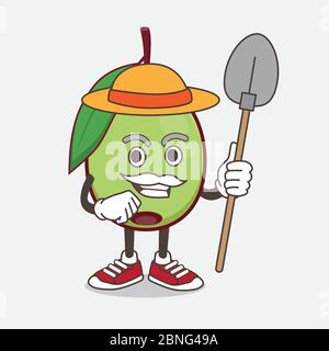 An illustration of Olive Fruit cartoon mascot character with hat and farmer tools Stock Vector