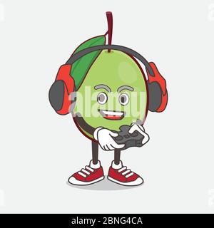 An illustration of Olive Fruit cartoon mascot character play a game with headphone and controller Stock Vector
