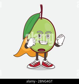 An illustration of Olive Fruit cartoon mascot character dressed as a Super hero Stock Vector