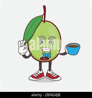 An illustration of Olive Fruit cartoon mascot character with a cup of coffee Stock Vector