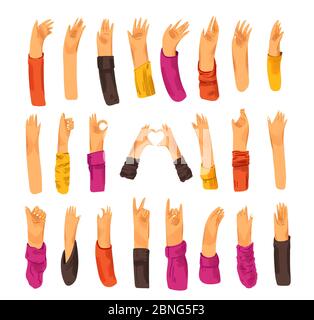Human hand with collection of signs and hand gestures - ok, love, greetings, peace, waving hands. Man and woman palm hands set Stock Vector