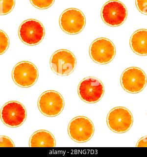 Seamless orange grapefruit pomelo fruit pattern isolated on white background. Colorful fresh citrus slice wallpaper. Creative color, summer friuts con Stock Photo
