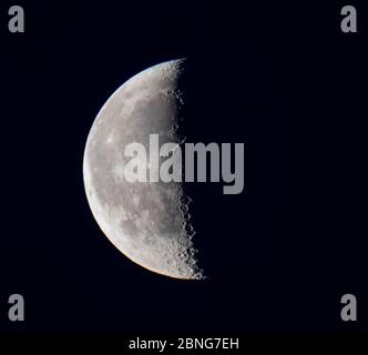 London, UK. 15 May 2020. 43.6% Waning Crescent Moon rising over London before sunrise, with mountain chain and large craters clearly visible. Credit: Malcolm Park/Alamy Live News