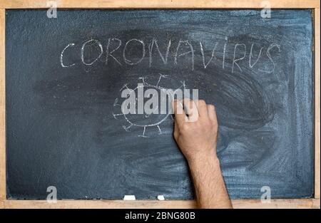 Coronavirus, male hand-drawn text with chalk on blackboard. School concept Stock Photo