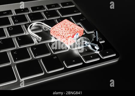 Locked computer safe from virus or malware attack. Laptop computer being protected from online cyber crime and hacking. Computer security concept with
