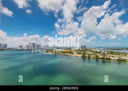 Miami, FL, United States - April 27, 2019: Miami City Skyline Wide angle at Biscayne Bay in Florida, United States of America. Stock Photo