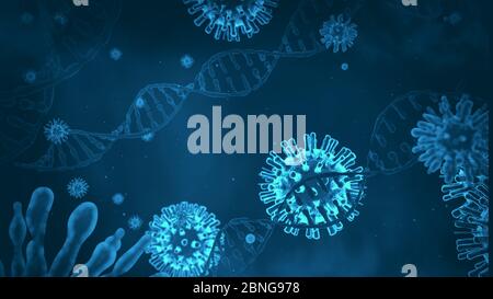 Virus close-up on a background of a DNA helix, RNA and virus, 3D rendering Stock Photo