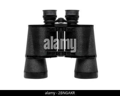 Black binoculars standing isolated on a white background Stock Photo