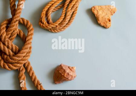 Background on the marine theme, spa, travel or beach vacation. Hemp rope, seashell and a heart-shaped stone on a light blue background. Calm colors. P Stock Photo