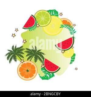Summer vector template with fruits and palm trees and stylish green gradient print Stock Vector