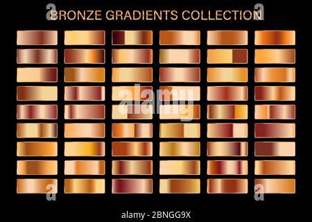 Bronze glossy gradient, metal foil texture. Color swatch set. Collection of high quality vector gradients. Shiny metallic background. Stock Vector