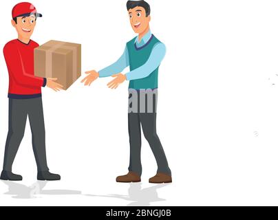 Man getting package from courier. Cartoon people characters. Young smiling man dressed in working uniform. Delivery service. House facade. Stock Vector