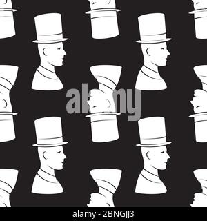 seamless pattern of a head in a vintage hat on a black background. Vector image Stock Vector