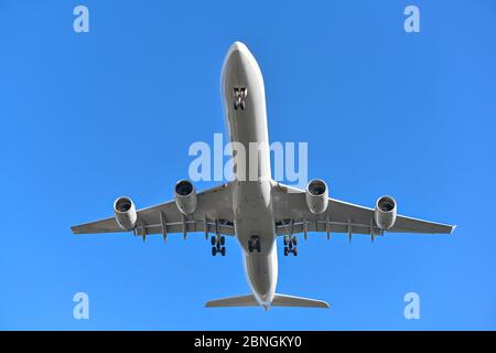 Munich, Germany - February 08. 2020 : Airbus A340-600 on landing approach Stock Photo