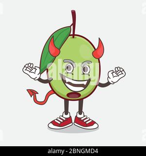 An illustration of Olive Fruit cartoon mascot character as red devil with horns and tail Stock Vector