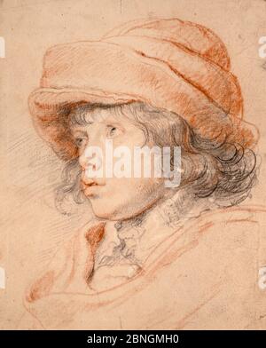 Rubens' Son Nicolaas Wearing a Red Felt Cap (c. 1625-27) by Peter Paul Rubens (1577-1640). Black and red chalk. Facsimile. Stock Photo