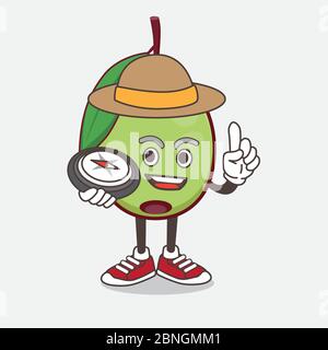 An illustration of Olive Fruit cartoon mascot character having a compass Stock Vector