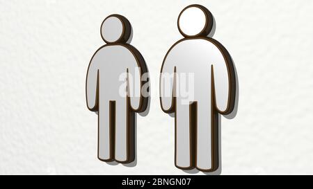 TWO GUYS made by 3D illustration of a shiny metallic sculpture on a wall with light background Stock Photo