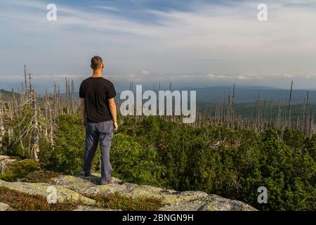 Young man tourist standing on top of mountain, Sumava National Park and Bavarian Forest, Czech republic and Germany Stock Photo