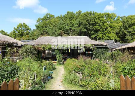 Korean traditional thatched house. Mooseom folk village, Youngju, South Korea Stock Photo