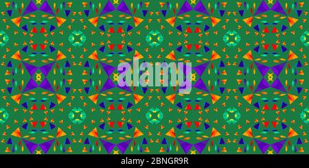 Unusual intricate ornament. Multicolored triangles. Colors of rainbow. Seamless pattern. Stock Vector