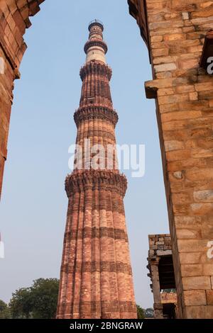 The Qutb Minar, also spelled as Qutub Minar and Qutab Minar in New Delhi, India, January 2020 Stock Photo
