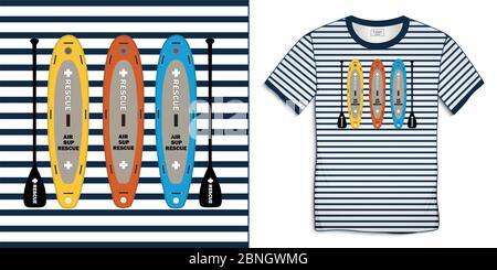 Print on t-shirt graphics design, Paddle board, nautical motive image shirt sailor stripes, isolated on background vector Stock Vector