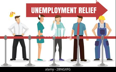 People queuing up for unemployment relief. Financial welfare assistance concept. Vector illustration. Stock Vector