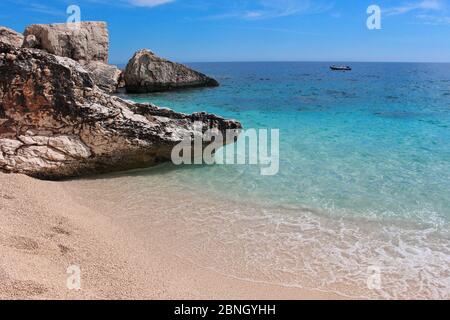 Paradise glimpse of Cala Mariolu, Gulf of Orosei, Sardinia. Stock Photo