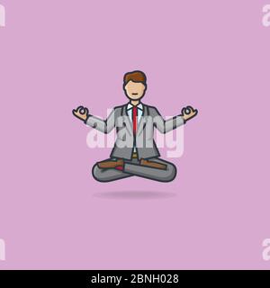 Businessman cartoon character levitating while practicing meditation in yoga lotus pose with crossed legs and Gyan mudra gesture vector illustration f Stock Vector
