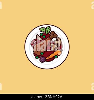 Coq au vin dish on plate top view vector illustration. French cuisine color symbol. Stock Vector