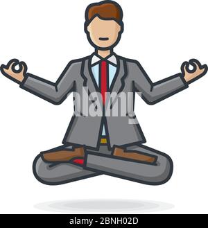 Businessman cartoon character levitating while practicing meditation in yoga lotus pose with crossed legs and Gyan mudra gesture isolated vector illus Stock Vector