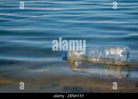 A PET plastic bottle floating on water of a lake in Bucharest, Romania. Plastic pollution environment concept. Stock Photo
