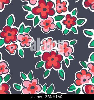 Colorful Hand Drawn Artistic Naive Daisy Flowers Outlines on Grey Background Vector Seamless Pattern Stock Vector