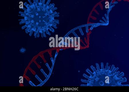 Virus close-up on a background of a DNA helix, RNA and virus, 3D rendering Stock Photo