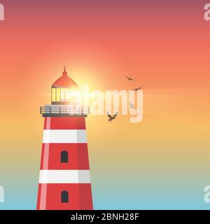 flying birds in colorful sky by the lighthouse vector illustration EPS10 Stock Vector