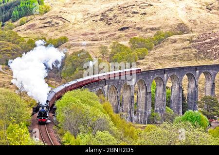 LMS Stanier Class 5 4-6-0 45231 steam engine pulls the Jacobite steam train across Glenfinnan Viaduct en route to Mallaig from Fort William Stock Photo