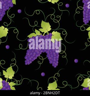 Pueple Grape Seamless on Black Background. Vector Illustration. Stock Vector