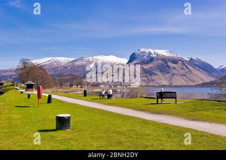 By the entrance to the Union Canal with Loch Linnhe right at Corpach Highland Scotland and Ben Nevis & Fort William behind Stock Photo