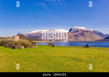 By the entrance to the Union Canal with Loch Linnhe right at Corpach Highland Scotland and Ben Nevis & Fort William behind Stock Photo