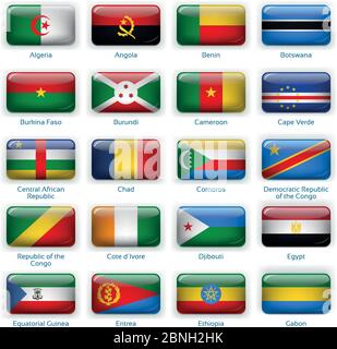 Button flags Africa one. Vector illustration. 3 layers. Shadows, flat flag you can use it separately, button. Collection of 220 world flags. Accurate colors. Easy changes. Stock Vector