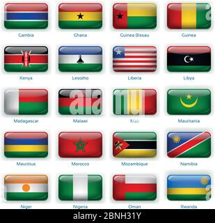 Button flags Africa two. Vector illustration. 3 layers. Shadows, flat flag you can use it separately, button. Collection of 220 world flags. Accurate colors. Easy changes. Stock Vector
