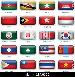 Button flags Eastern Asia. Vector illustration. 3 layers. Shadows, flat flag you can use it separately, button. Collection of 220 world flags. Accurate colors. Easy changes. Stock Vector