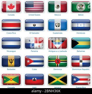 Button flags America one. Vector illustration. 3 layers. Shadows, flat flag you can use it separately, button. Collection of 220 world flags. Accurate colors. Easy changes. Stock Vector