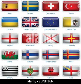 Button flags Europe three. Vector illustration. 3 layers. Shadows, flat flag you can use it separately, button. Collection of 220 world flags. Accurate colors. Easy changes. Stock Vector