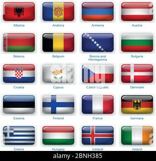 Button flags Europe one. Vector illustration. 3 layers. Shadows, flat flag you can use it separately, button. Collection of 220 world flags. Accurate colors. Easy changes. Stock Vector