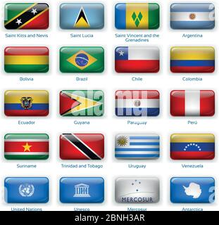 Button flags America two. Vector illustration. 3 layers. Shadows, flat flag you can use it separately, button. Collection of 220 world flags. Accurate colors. Easy changes. Stock Vector